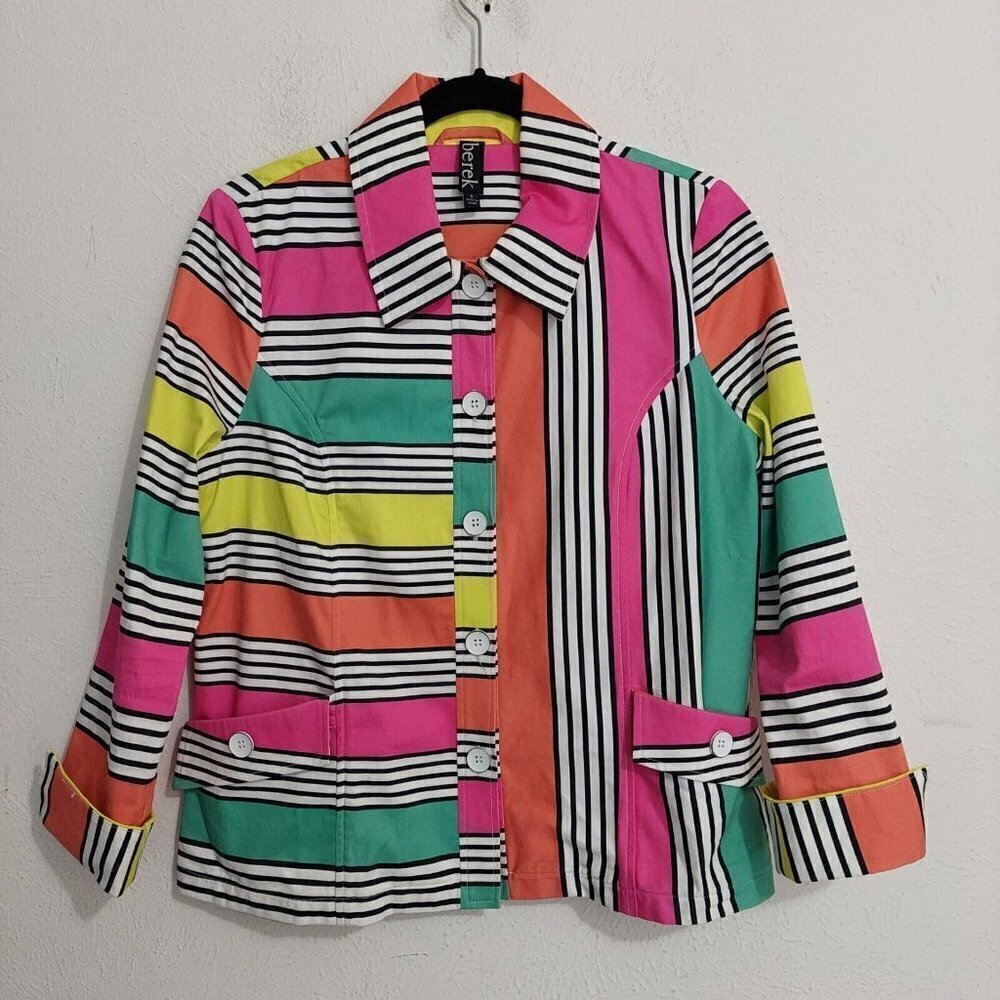 Berek Jacket Blazer Pink Green Multicolor Retro Colorful Stripes Womens Size Sm